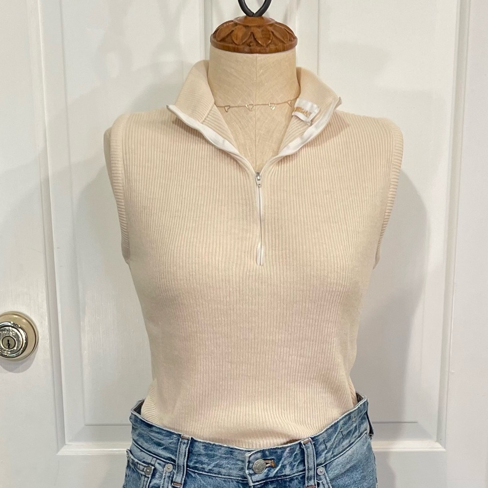 Vintage Cream Ribbed Sleeveless Zip-Up Top